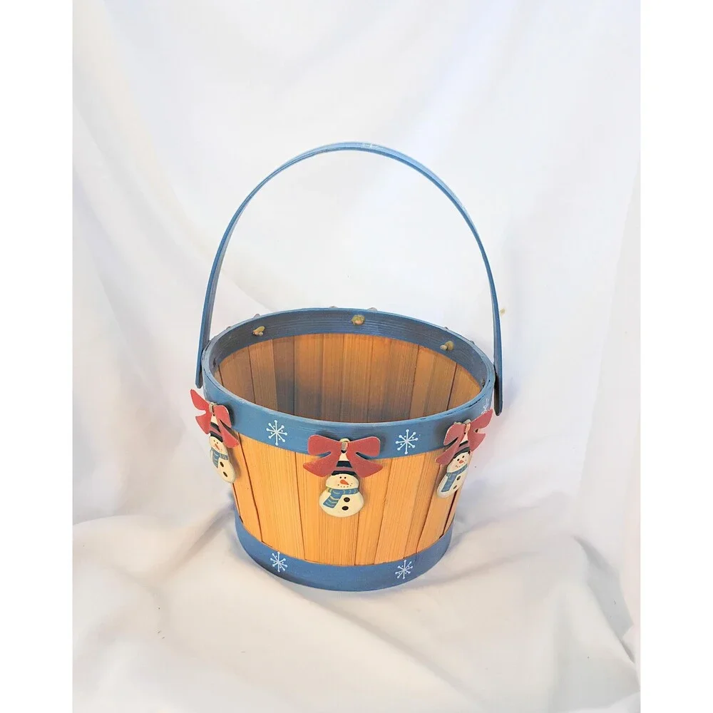 Wooden Basket with Metal Snowmen